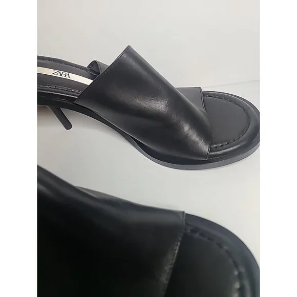 Zara Women's Black Leater Peep Toe Slip On Heel Sandals SZ 41/ US 10 - Picture 4 of 6